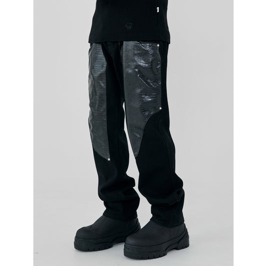Men's Trendy Leather Patchwork Solid Color Washed Trousers