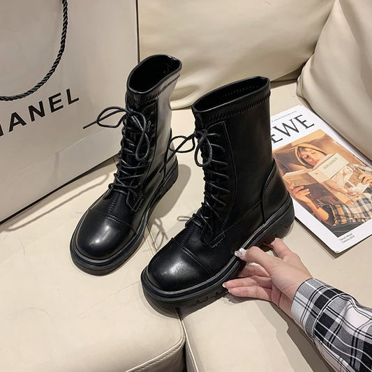 Lace-up casual low-heel motorcycle women's short boots