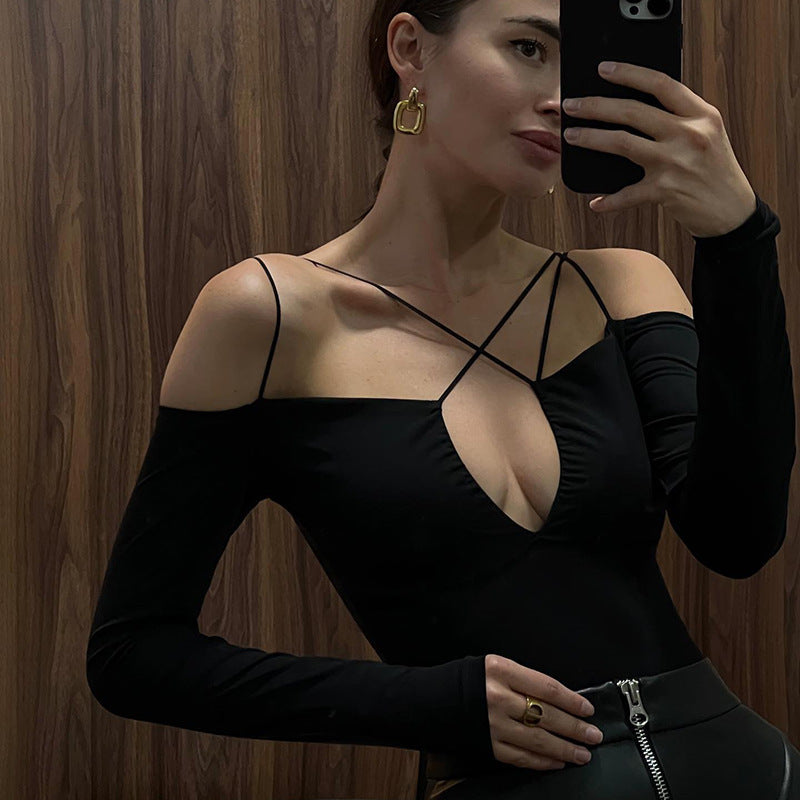 Women's V-neck Long-sleeved Bust One-shoulder Top