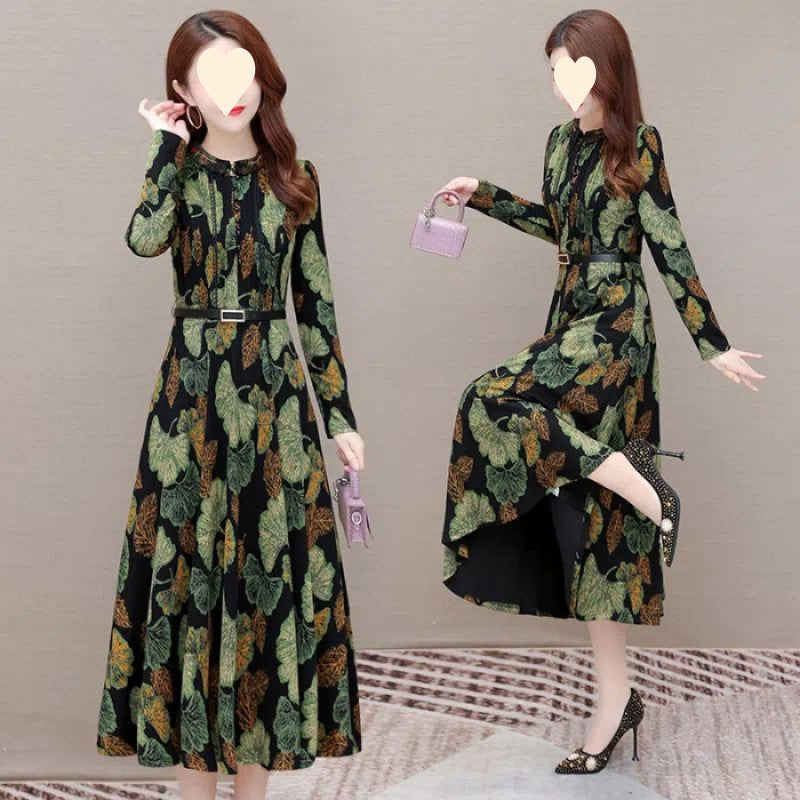 Womens Long Floral-print Dress For Spring And Fall