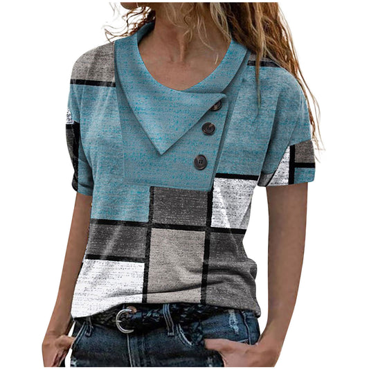 Shirt Cross Neck Button Fashion Print Short Sleeve T Shirt