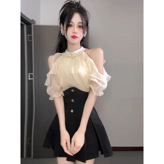 Womens Elegant Halterneck Off-shoulder Top And Skirt Two-piece Set