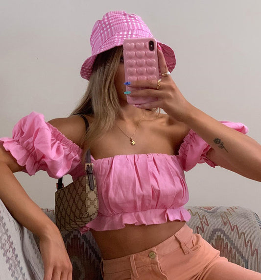 Pink bubble sleeve off shoulder short sleeve