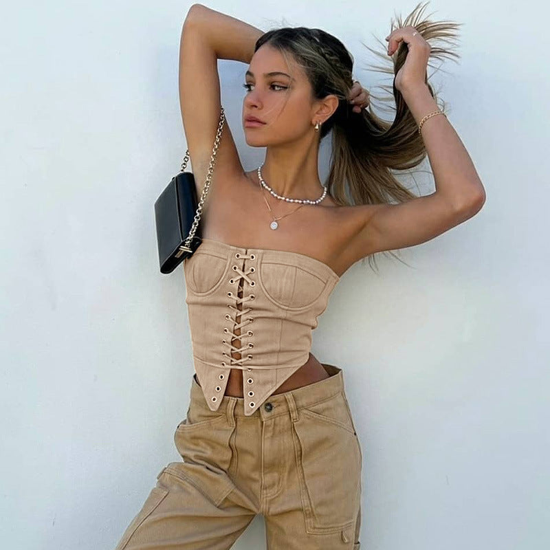 Women's One-line Shoulder Slim-fit Chest Strap Rope Lace-up Top