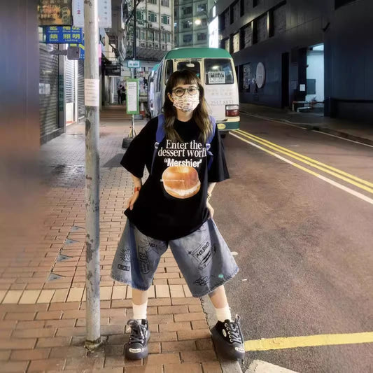 American Street Graffiti Printing Denim Middle Pants