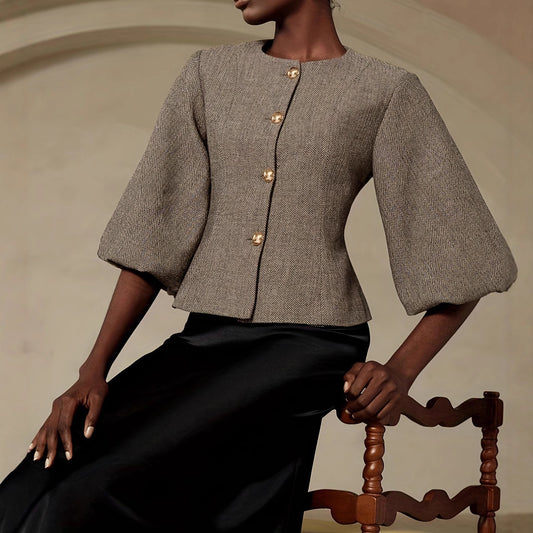 Best-selling Vintage Beige Belted Blazer With Balloon Sleeves