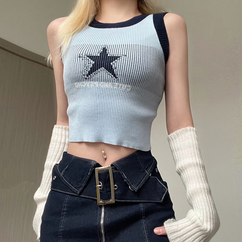 Star Contrast Color Vest Sleeveless Slimming Short Top