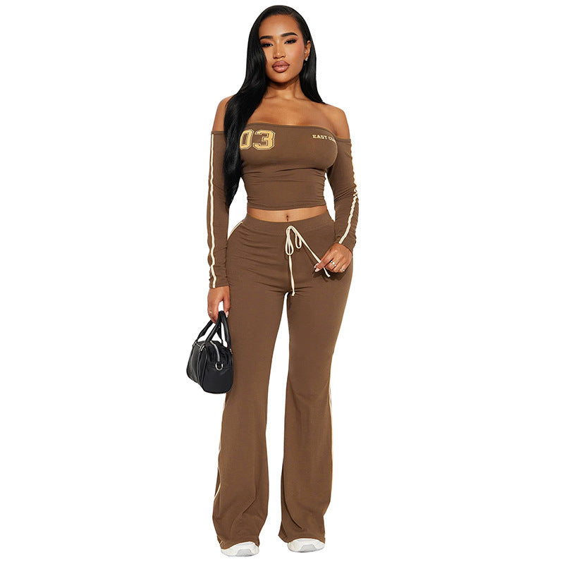 Off-shoulder Long-sleeve Top And Drawstring Wide-leg Pants Set