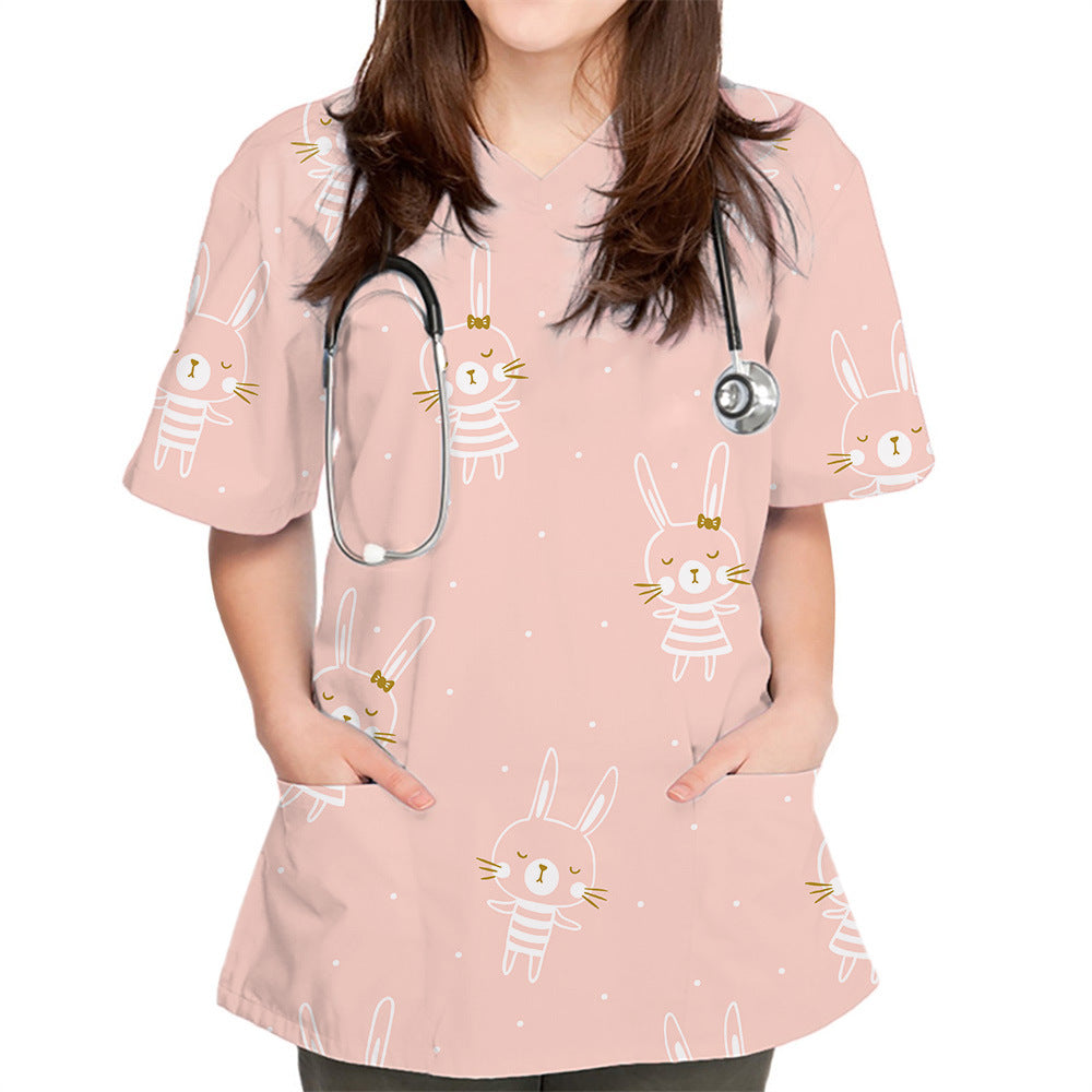 V-neck Cute Plain Pattern Series 3D Cloth For Nursing Workers