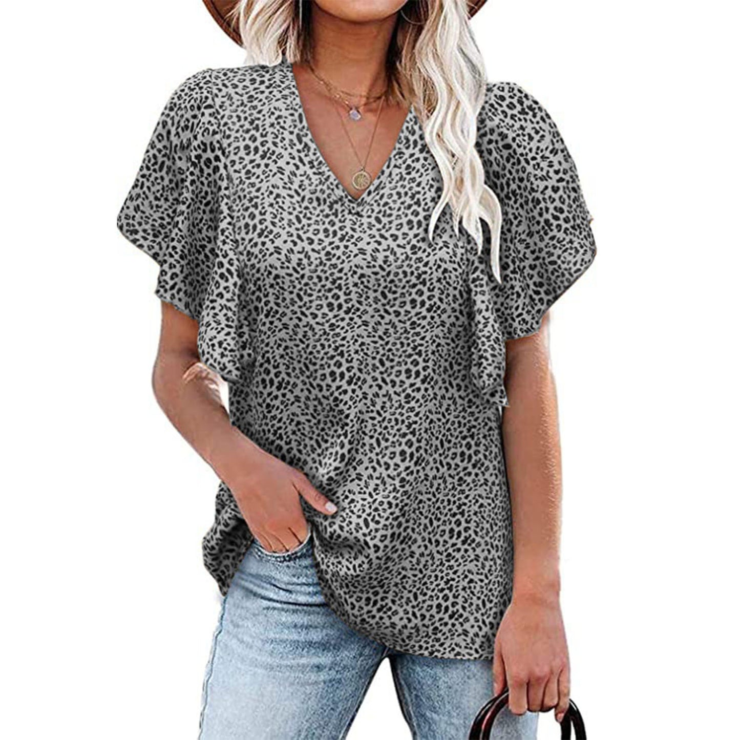 V Neck Floral Pleated Shirt Casual Short Sleeve Loose Top