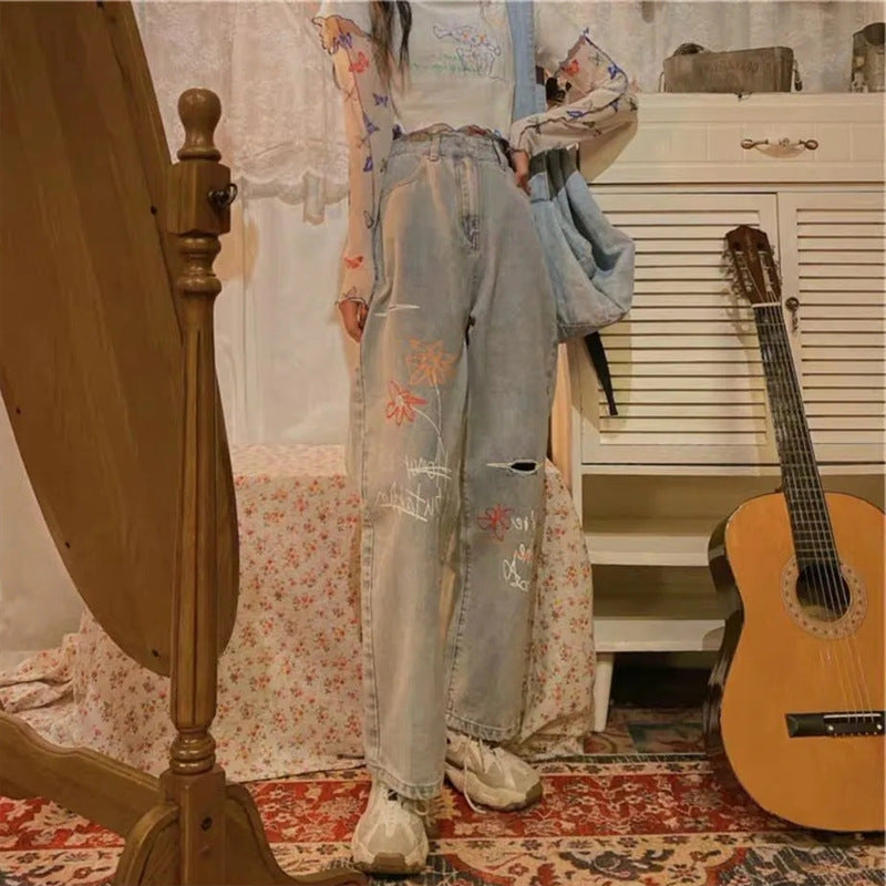Retro Print Thin Loose High Waist Slim Straight Wide Leg Pants
