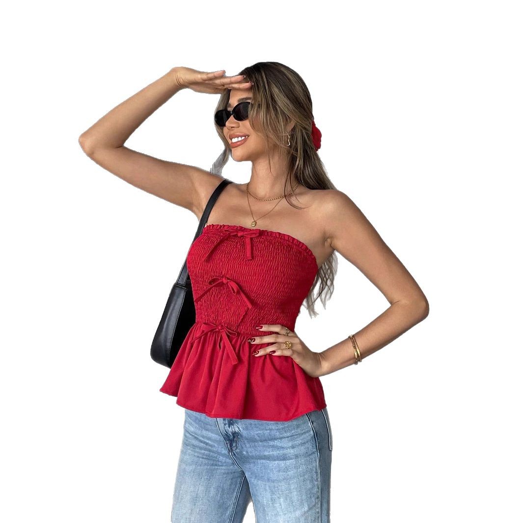 New Pleated Bandeau Bow-tie Short Slim And Stylish Red Top