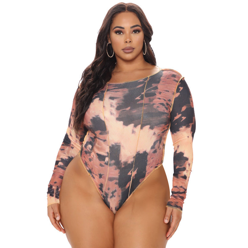 Women's Spring Round Neck Print Long Sleeves Tight Breasted Plus Size Jumpsuit