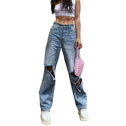 New style ripped high-rise wide-leg jeans