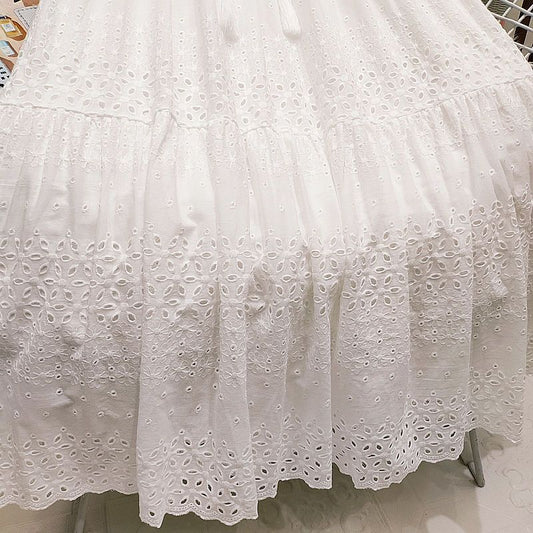 High Waist Stitching Crocheted Fairy Large Swing A- Line Mid-length