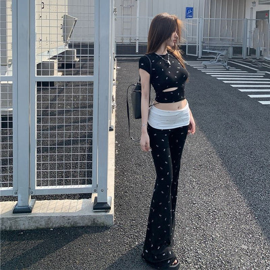 Casual Long Pants Bow Top Women's Summer Two-piece Set