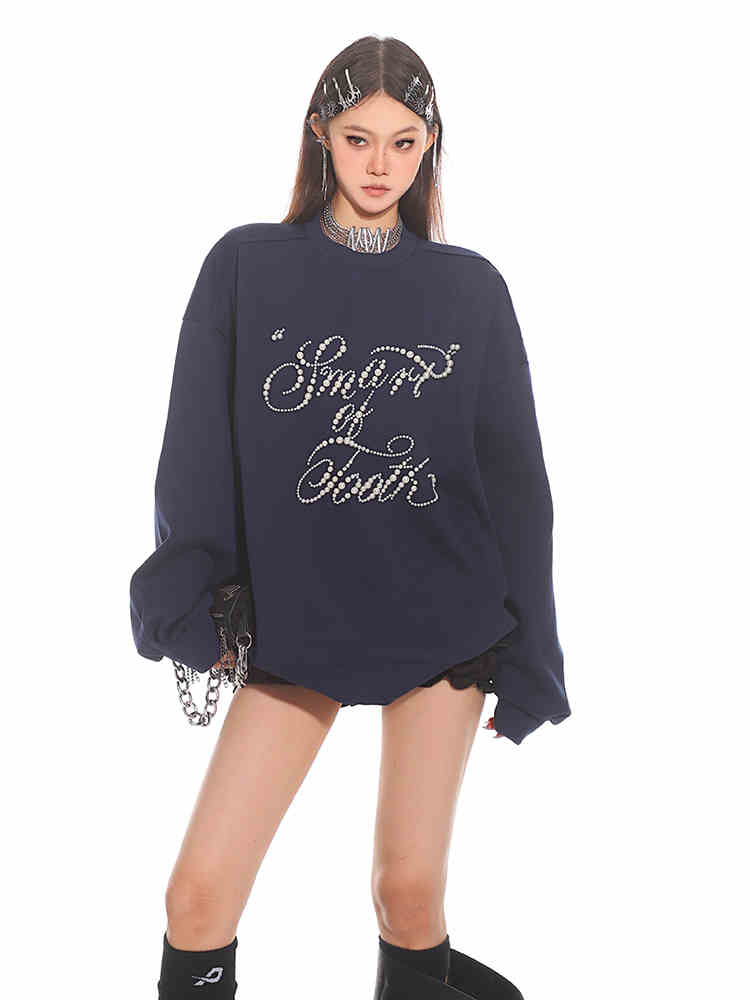 Handmade Inlaid Pearl Round Neck Loose Couple Sweater Top