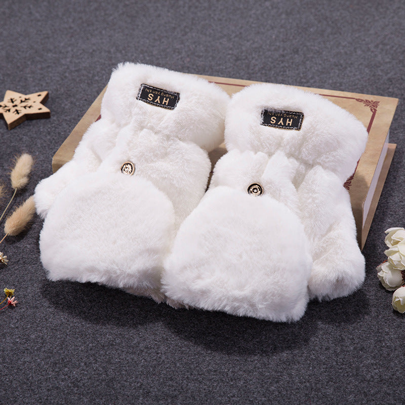Korean Style Cute Student Couple Flip Pure Color Thickened Warm Plush Keyboard Half Finger Gloves For Men And Women Winter
