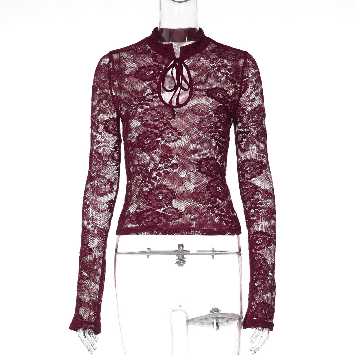 Chic, Sexy Lace Sheer Top With Long Sleeves And Lace-up Detailing