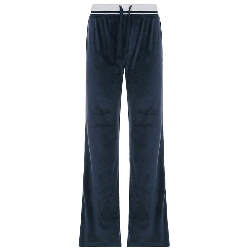 New Contrast Color Striped Waist Head Fleece-lined Bell-bottom Pants