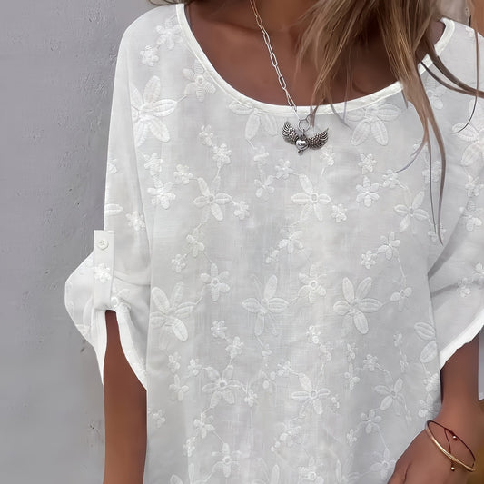 Womens Lace Crew-Neck Loose-Fit Blouse Top