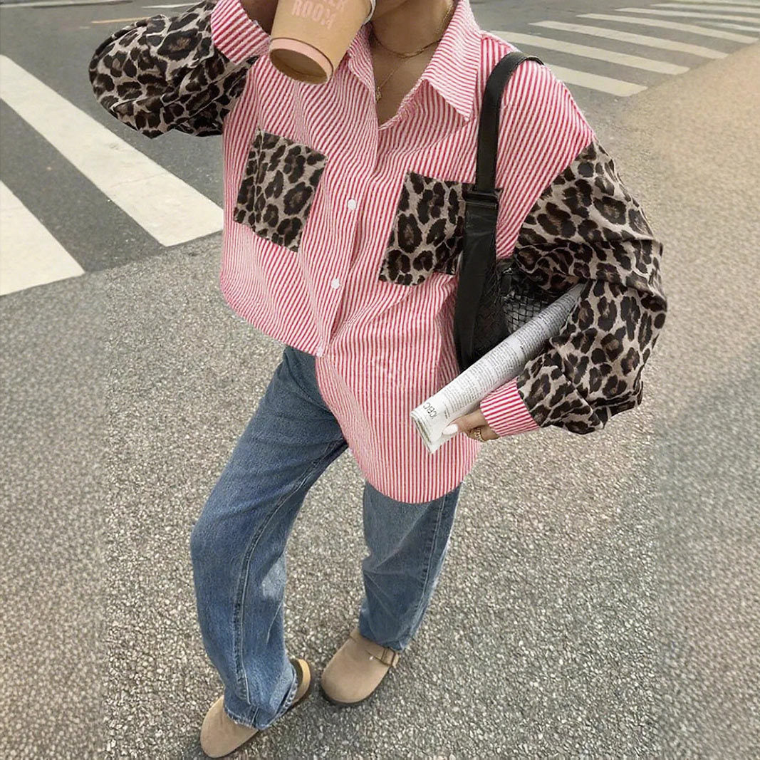 Womens Loose Casual Leopard-Print Patchwork Striped Pocket Long-Sleeve Shirt For Amazon