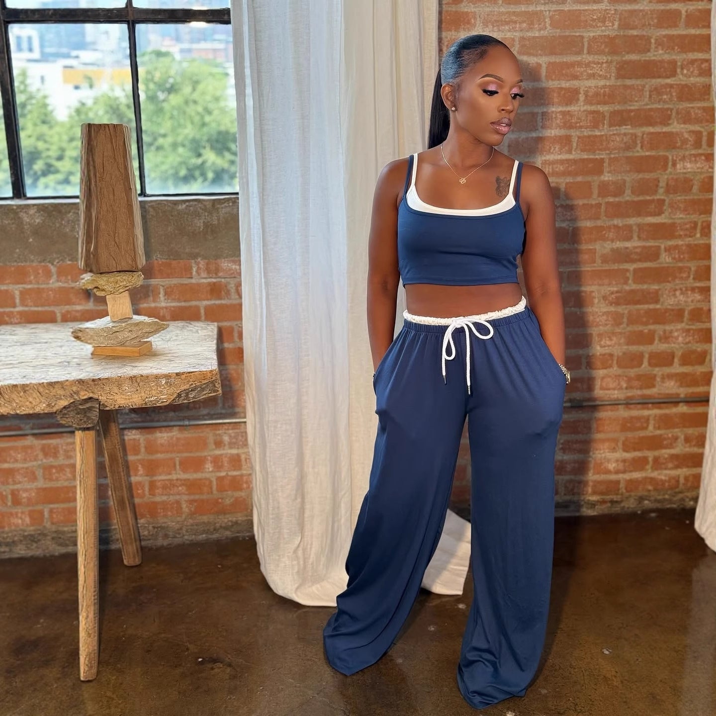 Leisure Sports Elastic Fake Suspender Trousers Two-piece Set