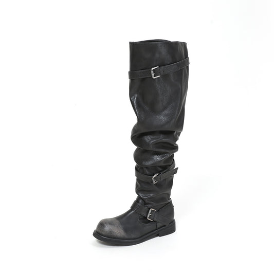 Women's Fashionable Wide-calf Soft-leather Chunky-soled Booties