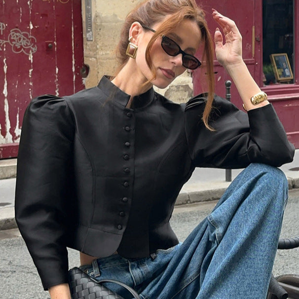 Women's Stand Collar Puff Sleeve Elegant Shirt