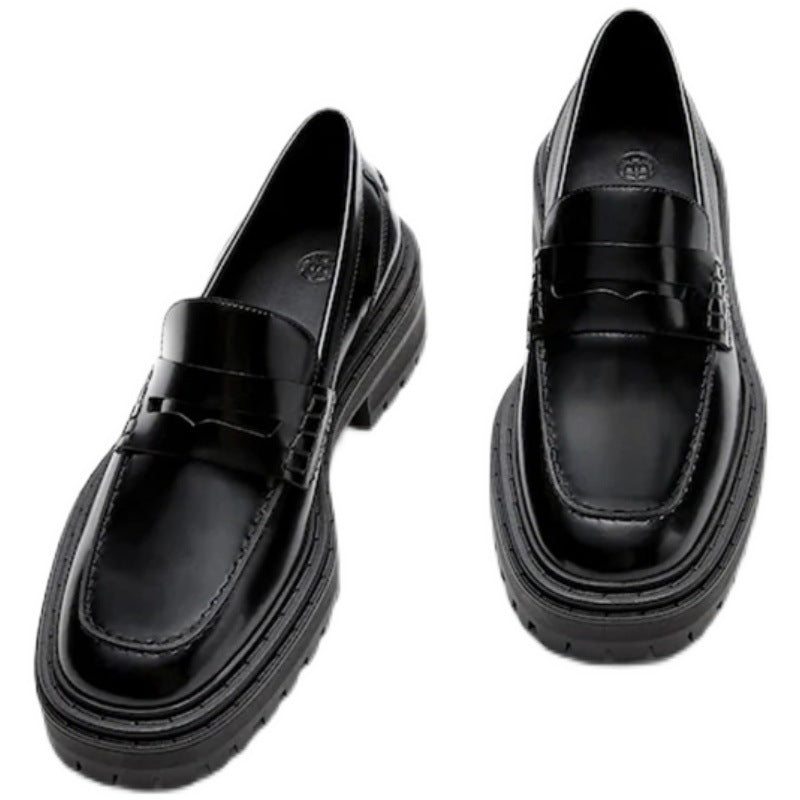 Round Toe Thick Bottom Top Layer Cowhide Single Casual Leather Shoes