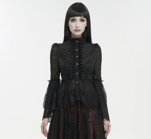 Punk Stand-up Collar Slim-fit Flared Sleeve Waist-cinching Lace Shirt