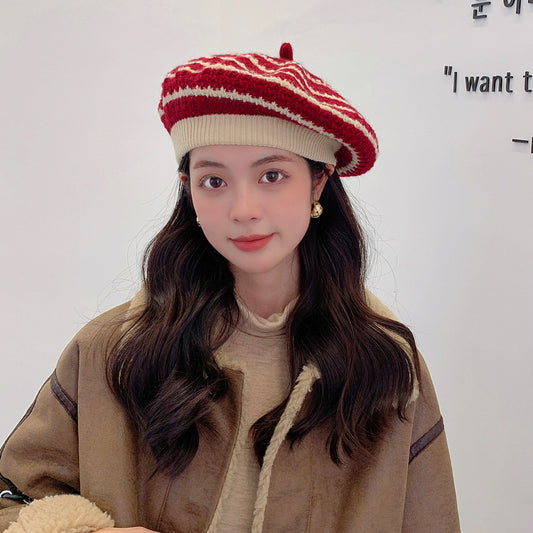 New Women's All-match Knitted Wool Striped Beret To Keep Warm