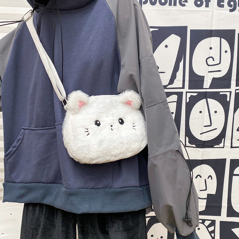 Personalized Embroidery Cute Plush Cat Messenger Bag