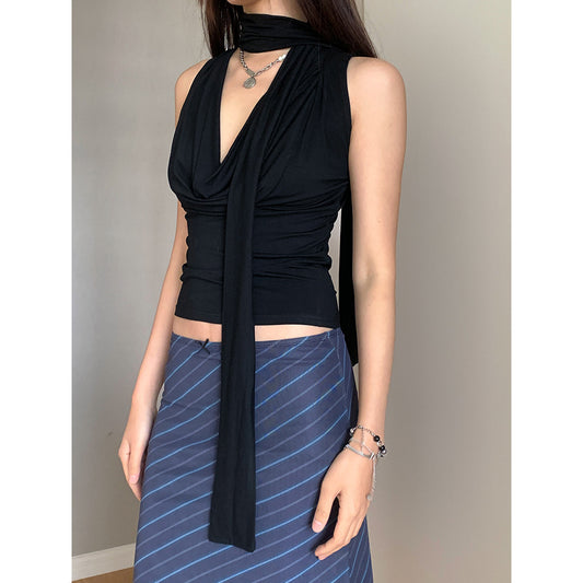 Summer Swing Collar Ribbon Short Halter Spaghetti Straps Sleeveless V-neck Vest