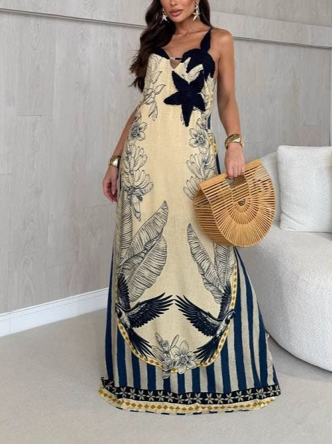 Printed Color-blocked Striped Resort Dress
