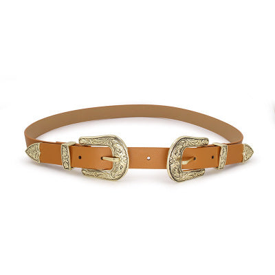 Double buckle vintage carved belt