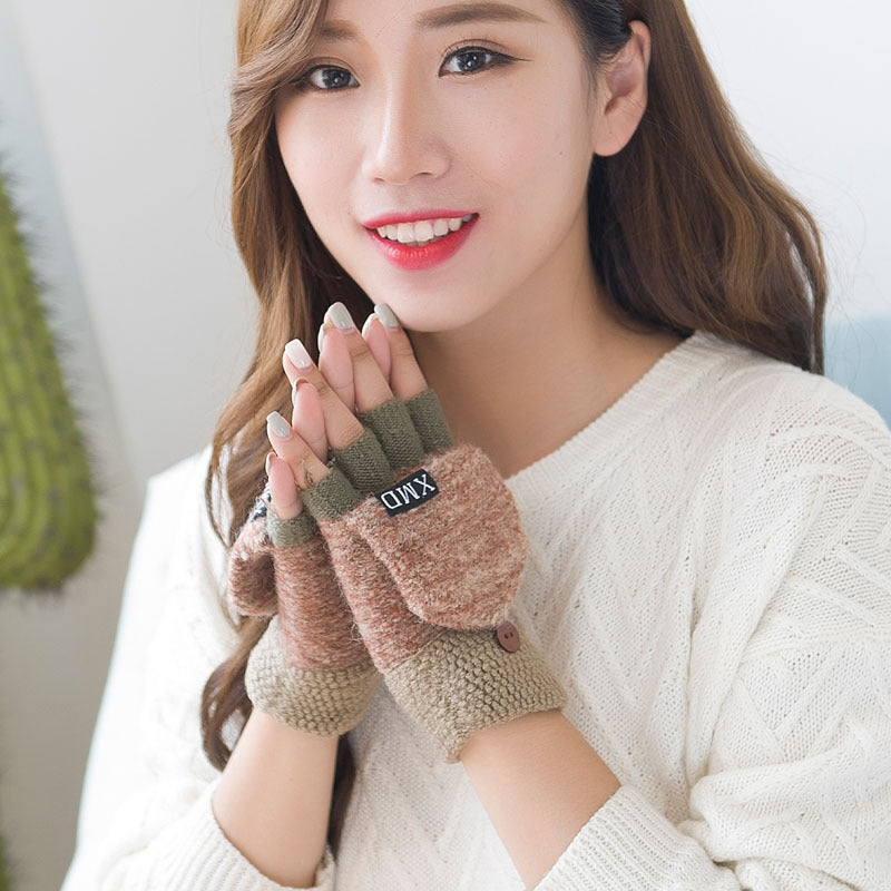 Women's half finger gloves wholesale female autumn winter Korean version of warm lovable double use of double finger wool gloves students