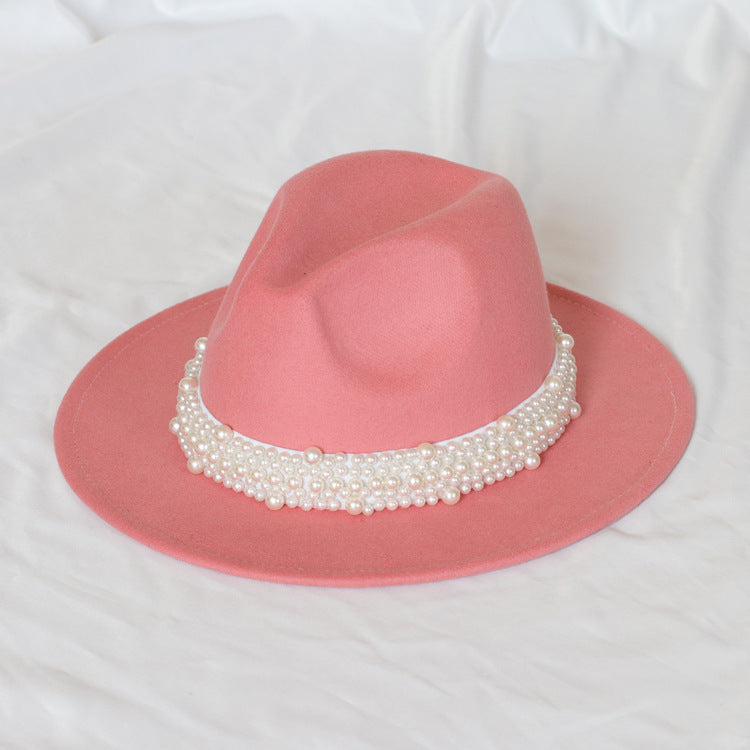 Handmade Pearl Top Hat Big Brim Fur Felt Hat