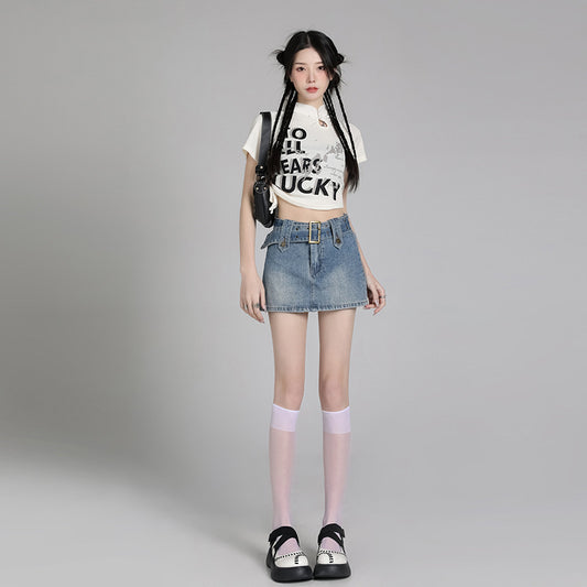 line Figure-flattering Vintage-style Lined Blue Denim Skirt For Women