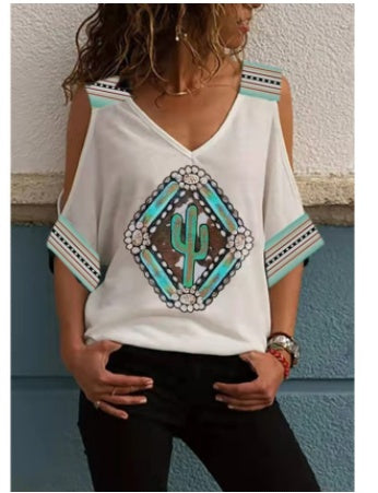 Loose Off-the-shoulder Mid-sleeve Retro Print T-shirt Summer European And American Women's Tops