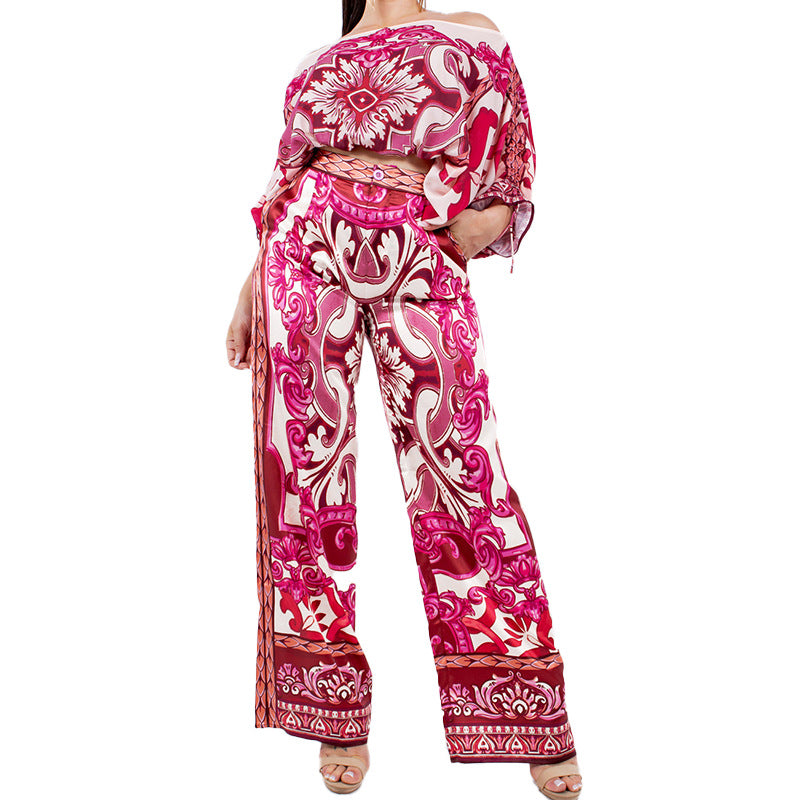 Fashionable Off Shoulder Long Sleeve Printed Set