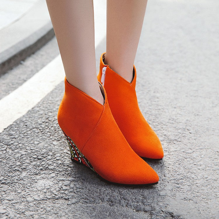 Winter Pointed Toe Wedge Heel Side Zip Floral Ankle Boots