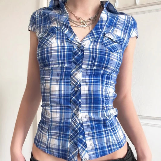 British Style Wooden Ear V-neck Plaid Shirt Elegant Waist Button Puff Sleeve Top