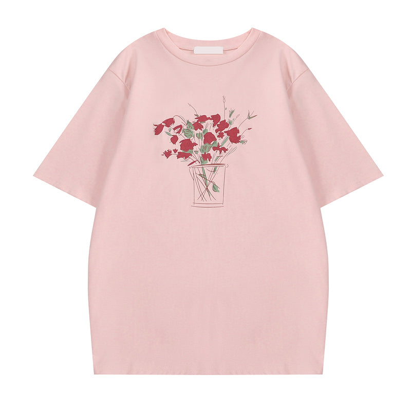 Women's Loose Rose Print Trendy Short Sleeve T-shirt