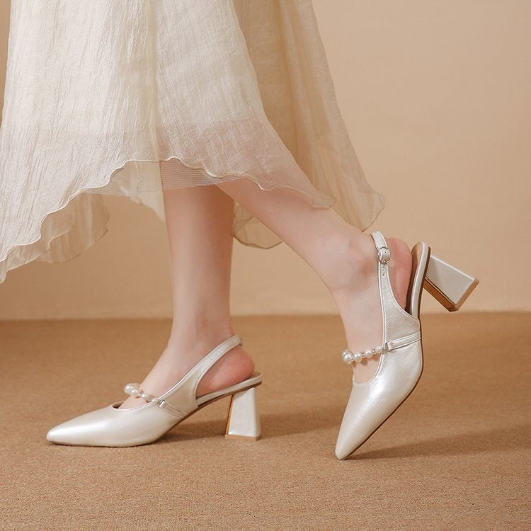Spring New Arrival Women's Pearl Pointed Toe Slingback Sandals, French Mary Jane Block Heels, One-Strap High Heel Sandals