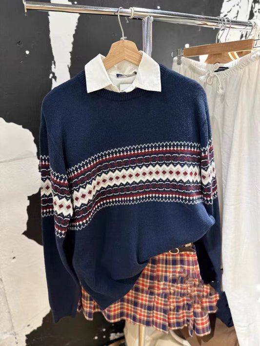 Round Neck Jacquard Diamond Plaid Long Sleeve Pullover Sweater