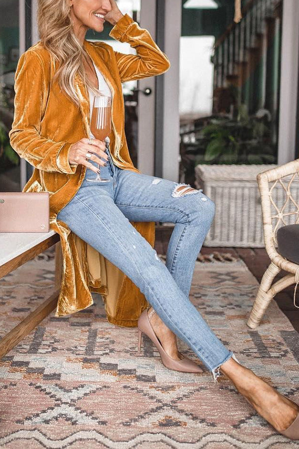 Women's Loose Gold Velvet Stretch Long Coat