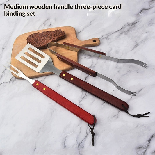 BBQ Tool Three-piece Set Stainless Steel Wooden Handle Shovel Fork Tongs