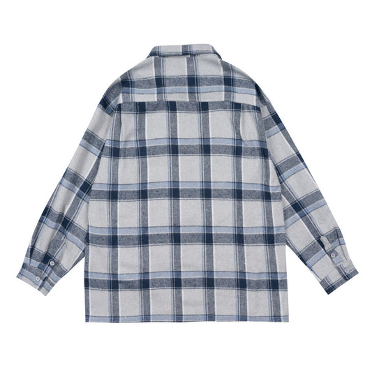 Plaid Men's Long-sleeved National Fashion Loose Pockets Stylish Shirt Coat