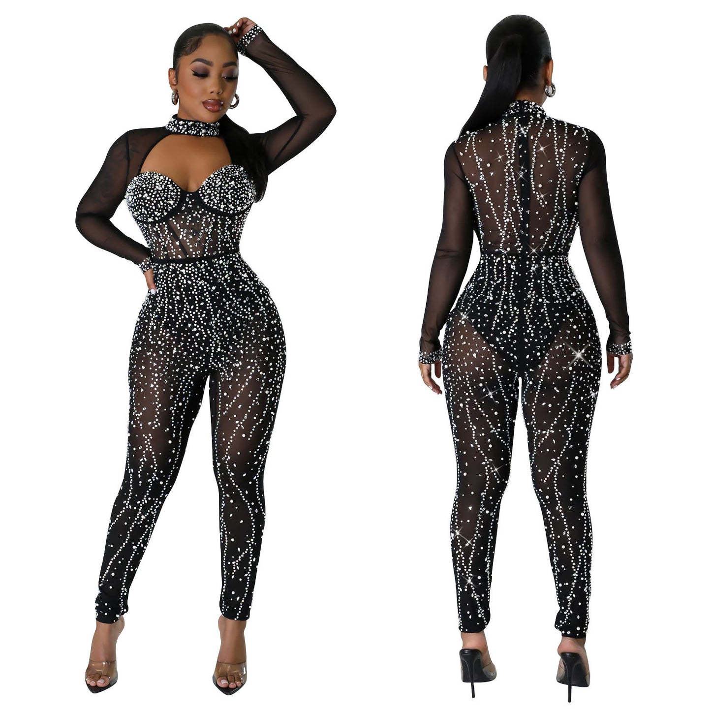 European And American Fashion Women's Wear Pure Color Mesh Hot Drilling Long Sleeve Jumpsuit